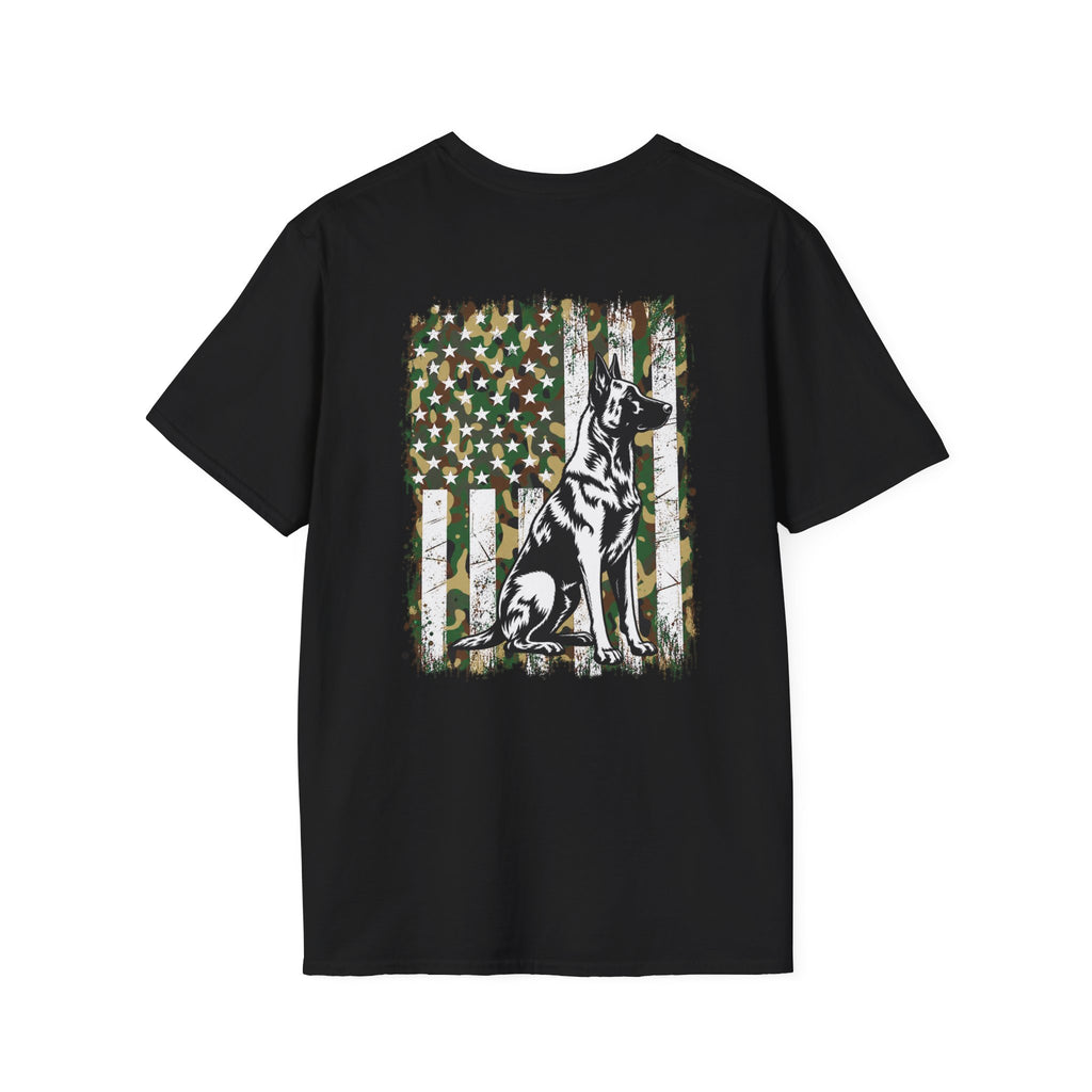 Belgian Malinois Camo American Flag T-Shirt | K9 Working Dog Shirt | Gildan 64000