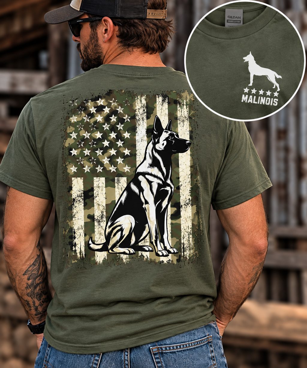 Belgian Malinois Camo American Flag T-Shirt | K9 Working Dog Shirt | Gildan 64000