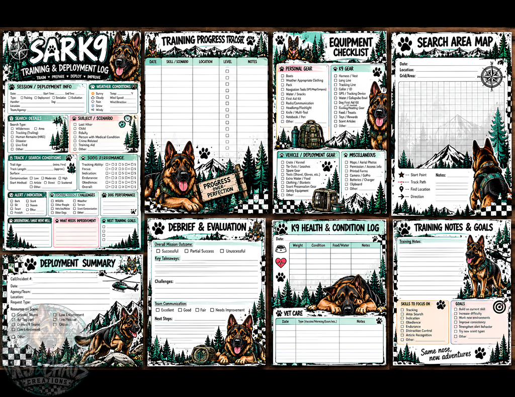 SAR K9 Training & Deployment Log | 8-Page Printable K9 Handler Workbook