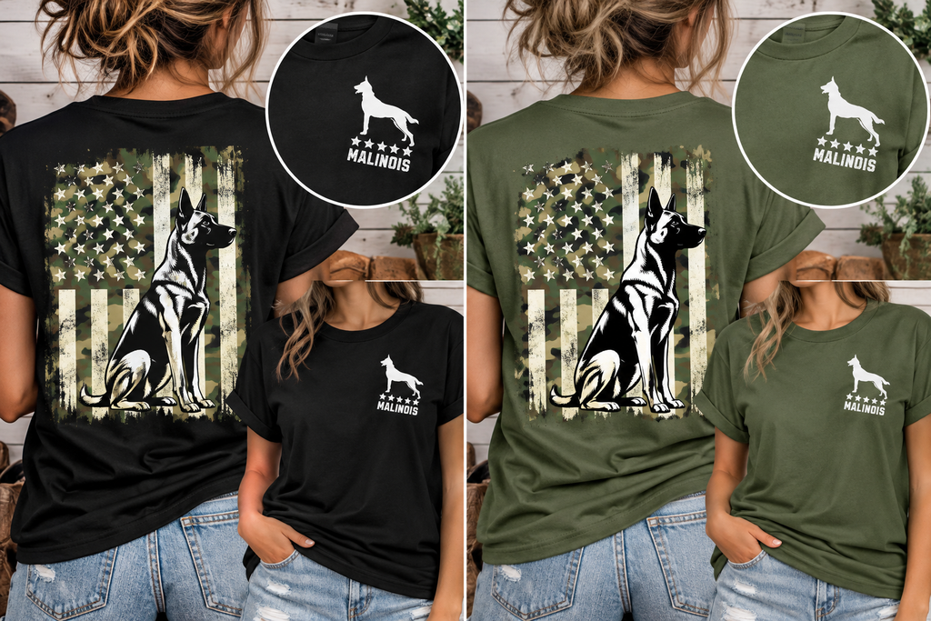 Belgian Malinois Camo American Flag T-Shirt | K9 Working Dog Shirt | Gildan 64000