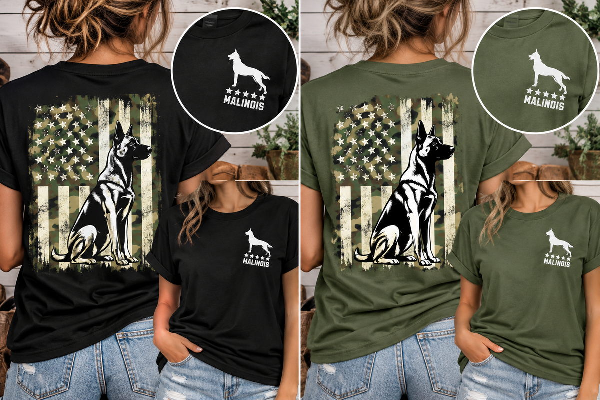 Belgian Malinois Camo American Flag T-Shirt | K9 Working Dog Shirt | Gildan 64000