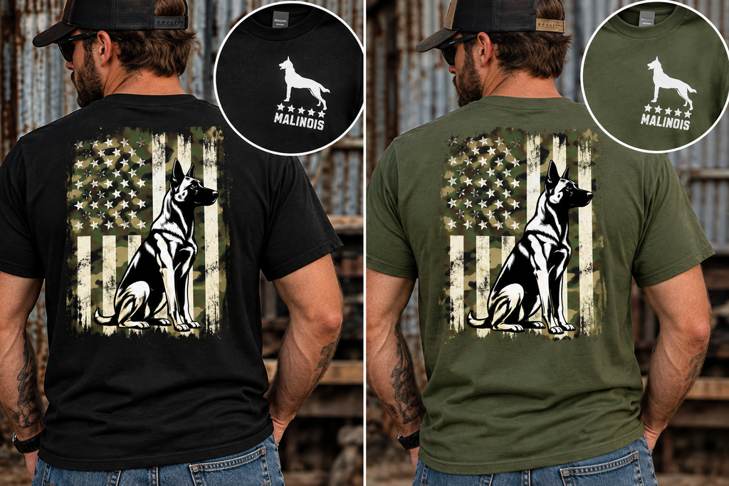 Belgian Malinois Camo American Flag T-Shirt | K9 Working Dog Shirt | Gildan 64000