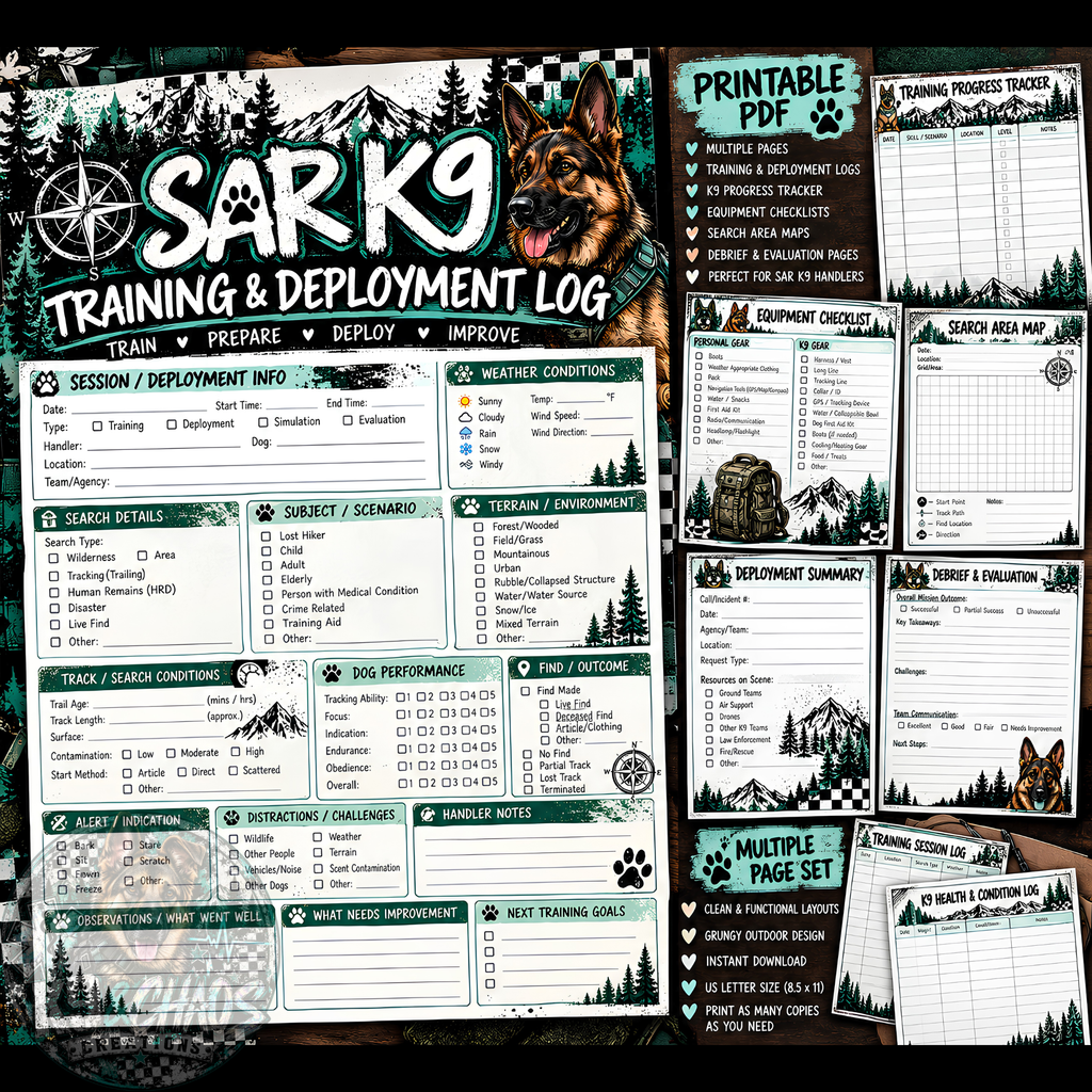 SAR K9 Training & Deployment Log | 8-Page Printable K9 Handler Workbook